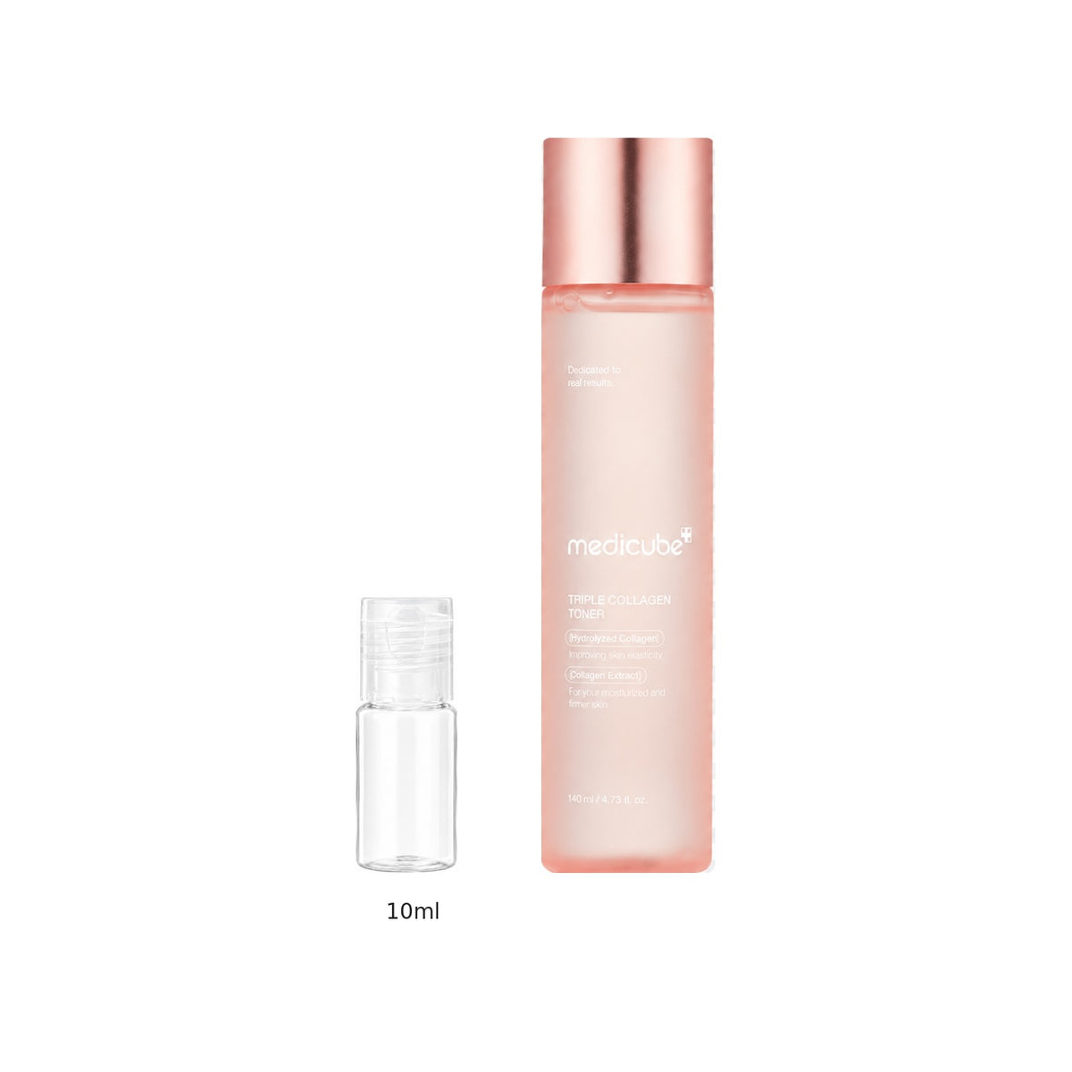 10ml sample bottle next to the full-size medicube Triple Collagen Toner 140ml bottle