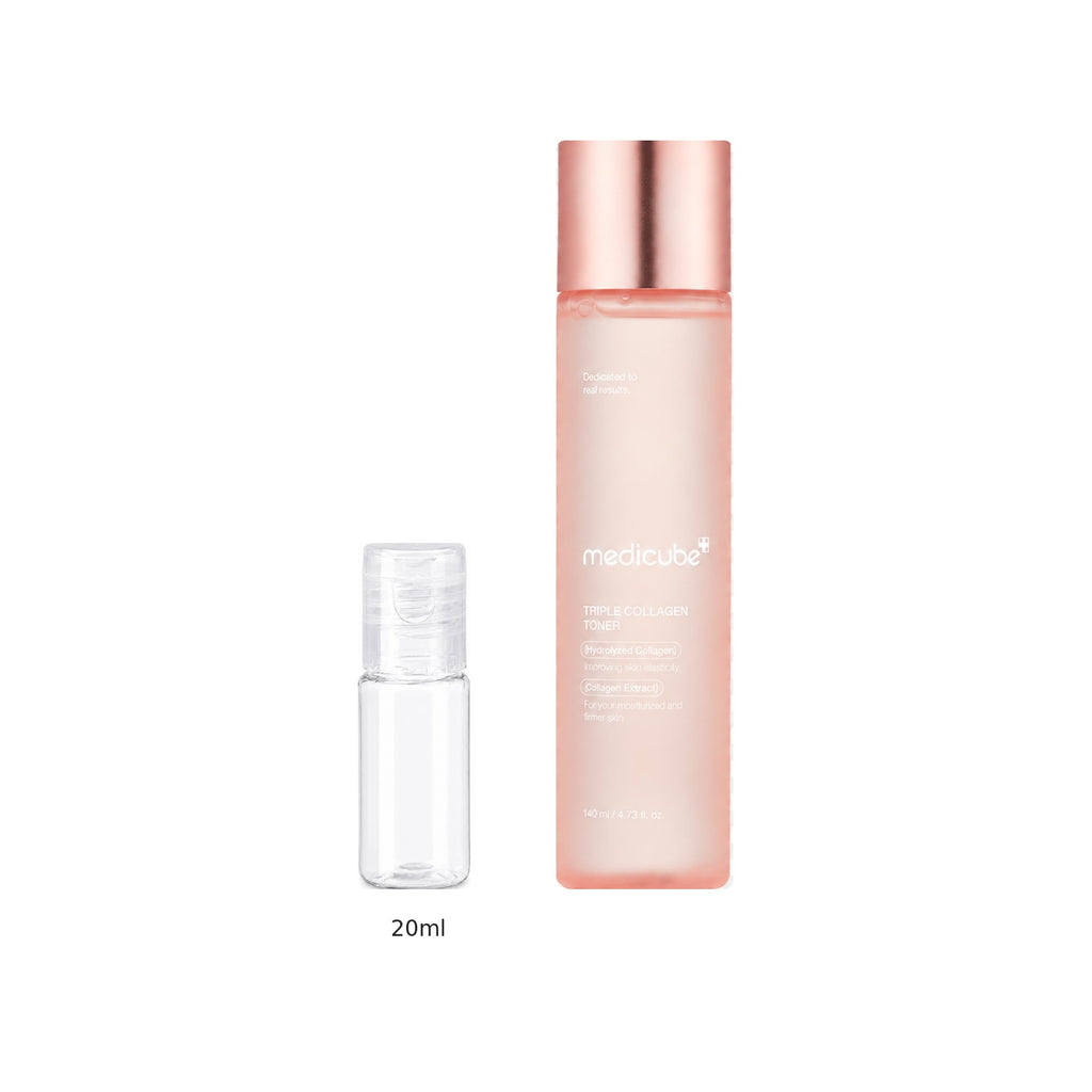20ml sample bottle next to the full-size medicube Triple Collagen Toner 140ml bottle