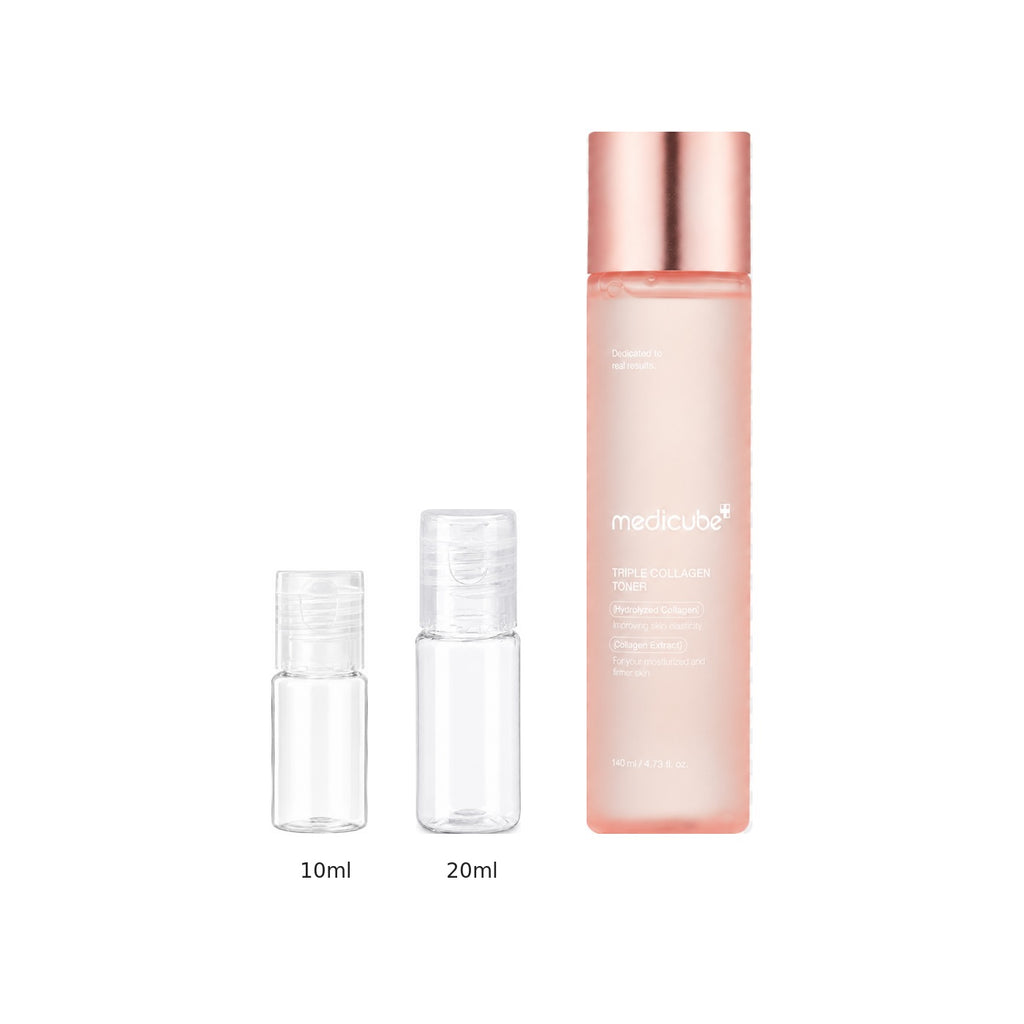 10ml and 20ml sample bottles next to the full-size medicube Triple Collagen Toner 140ml bottle