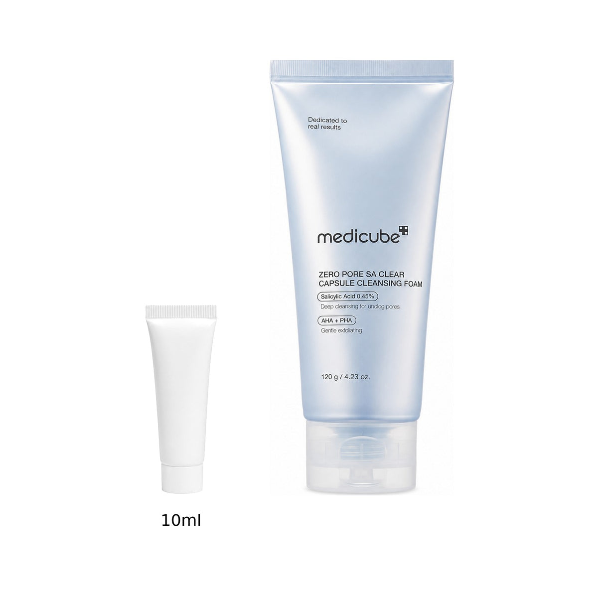 10ml sample tube next to the full-size medicube Zero Pore SA Clear Capsule Cleansing Foam 120ml tube
