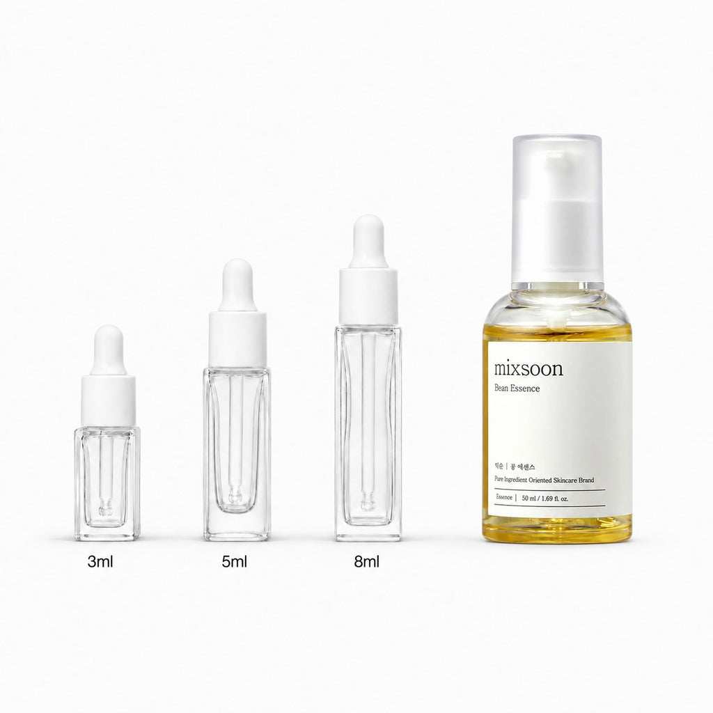 3ml, 5ml and 8ml sample droppers next to the full-size mixsoon Bean Essence 50ml bottle