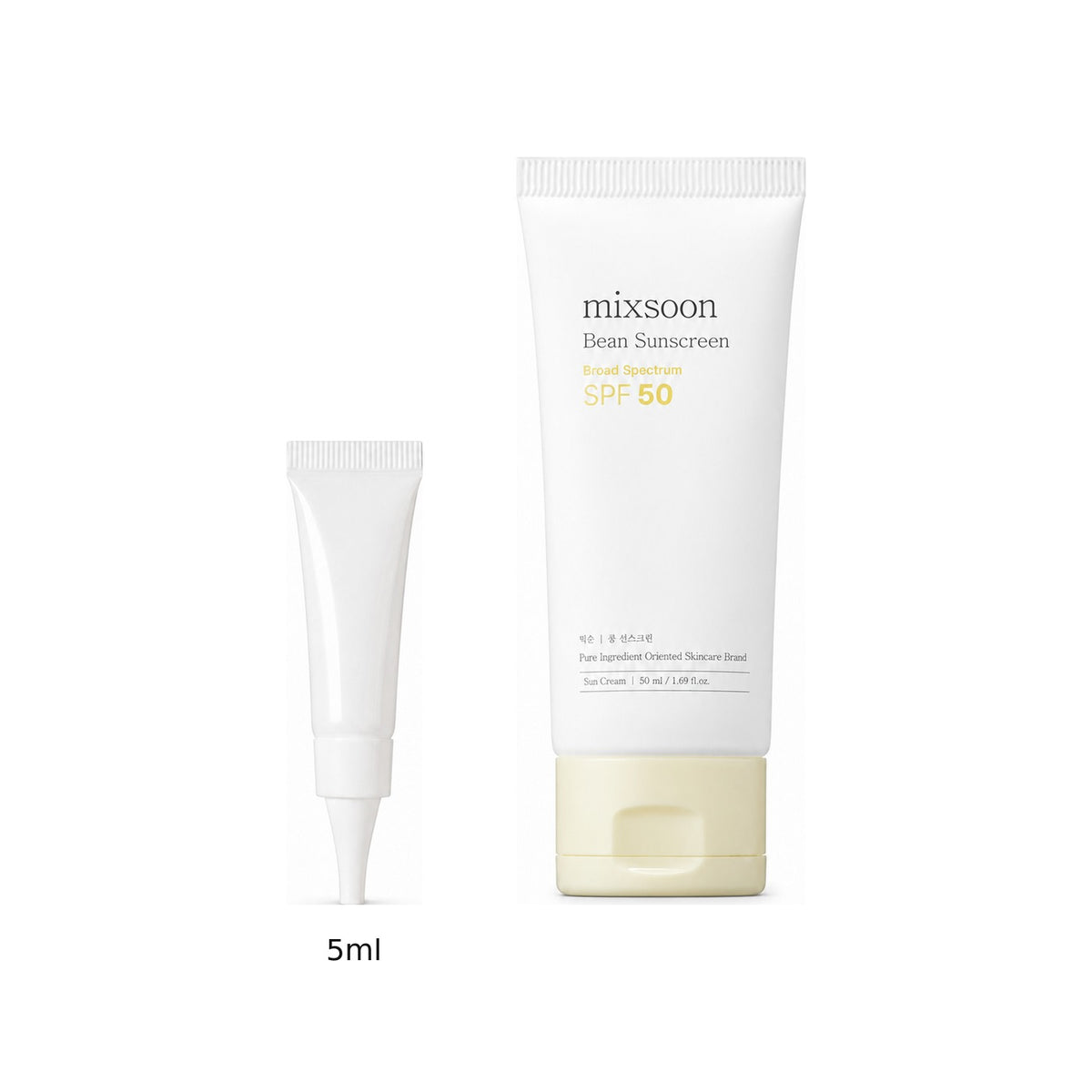 5ml sample tube next to the full-size mixsoon Bean Sunscreen 50ml tube