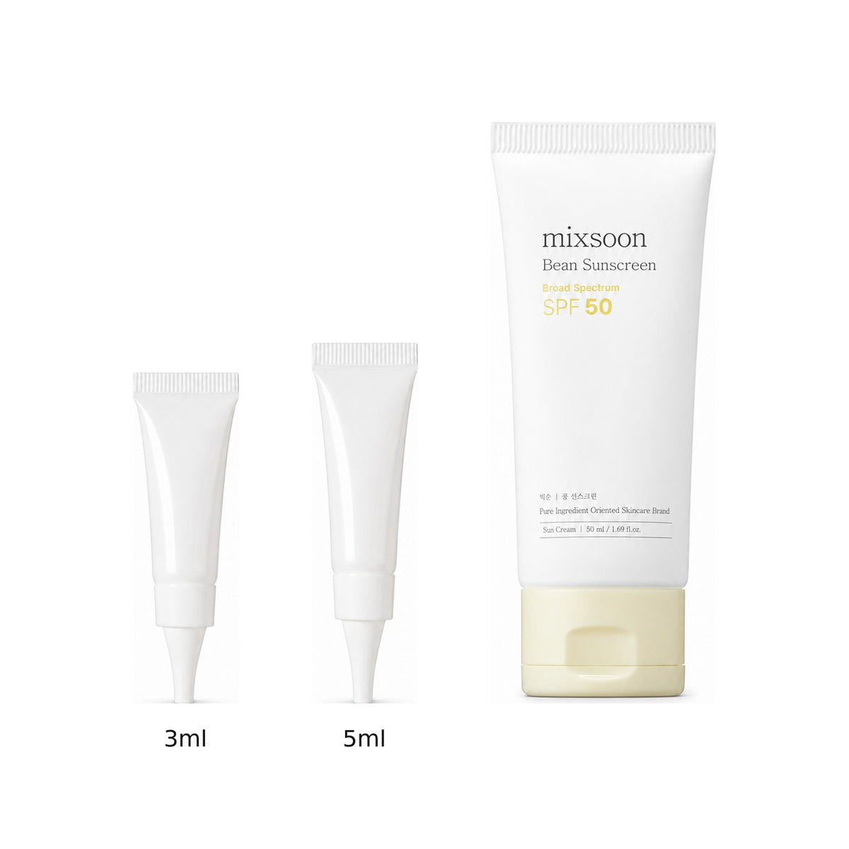 3ml and 5ml sample tubes next to the full-size mixsoon Bean Sunscreen 50ml tube