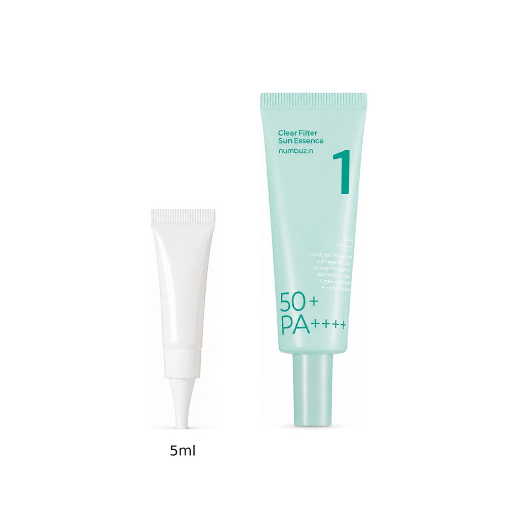 5ml sample tube next to the full-size numbuzin No.1 Clear Filter Sun Essence 50ml tube