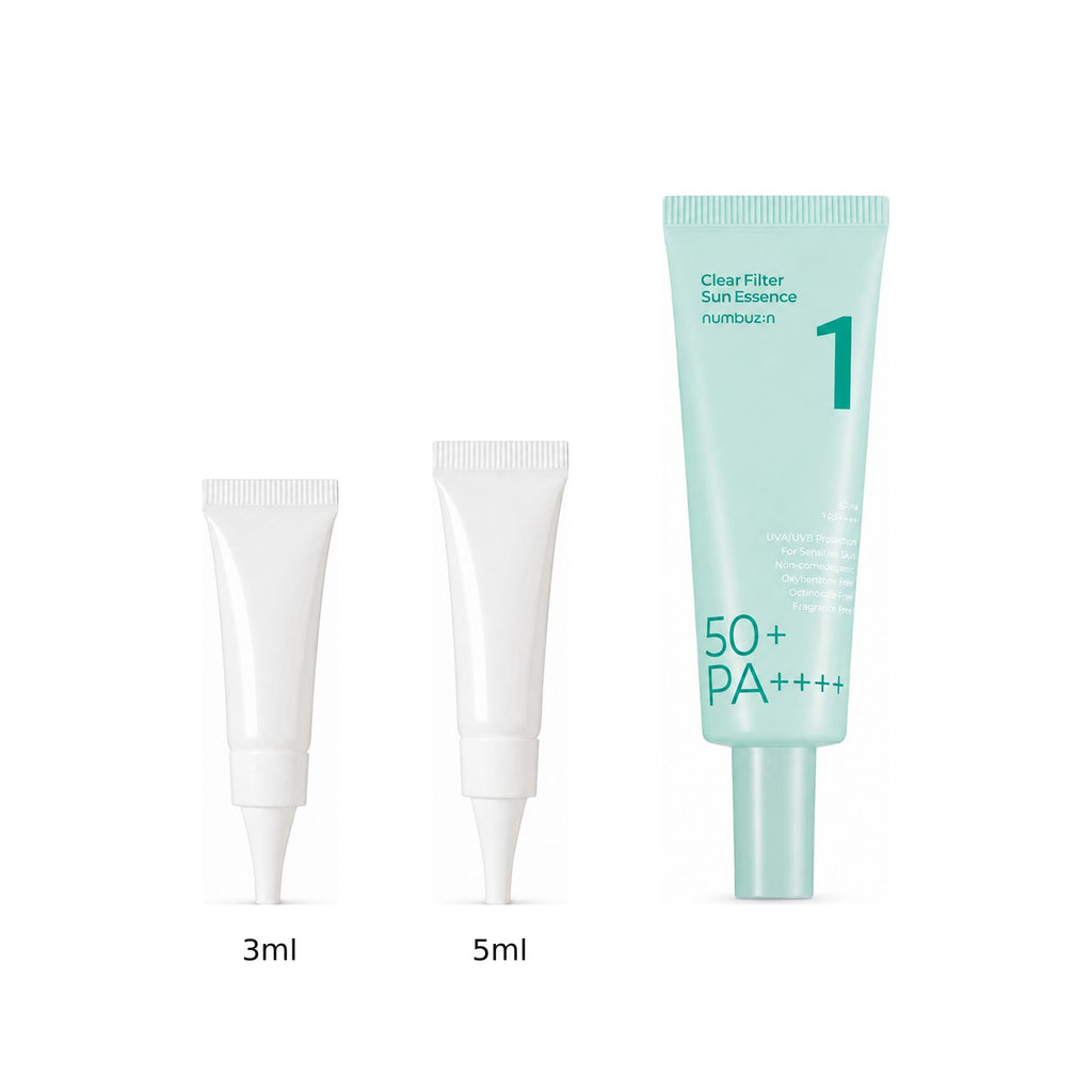 3ml and 5ml sample tubes next to the full-size numbuzin No.1 Clear Filter Sun Essence 50ml tube
