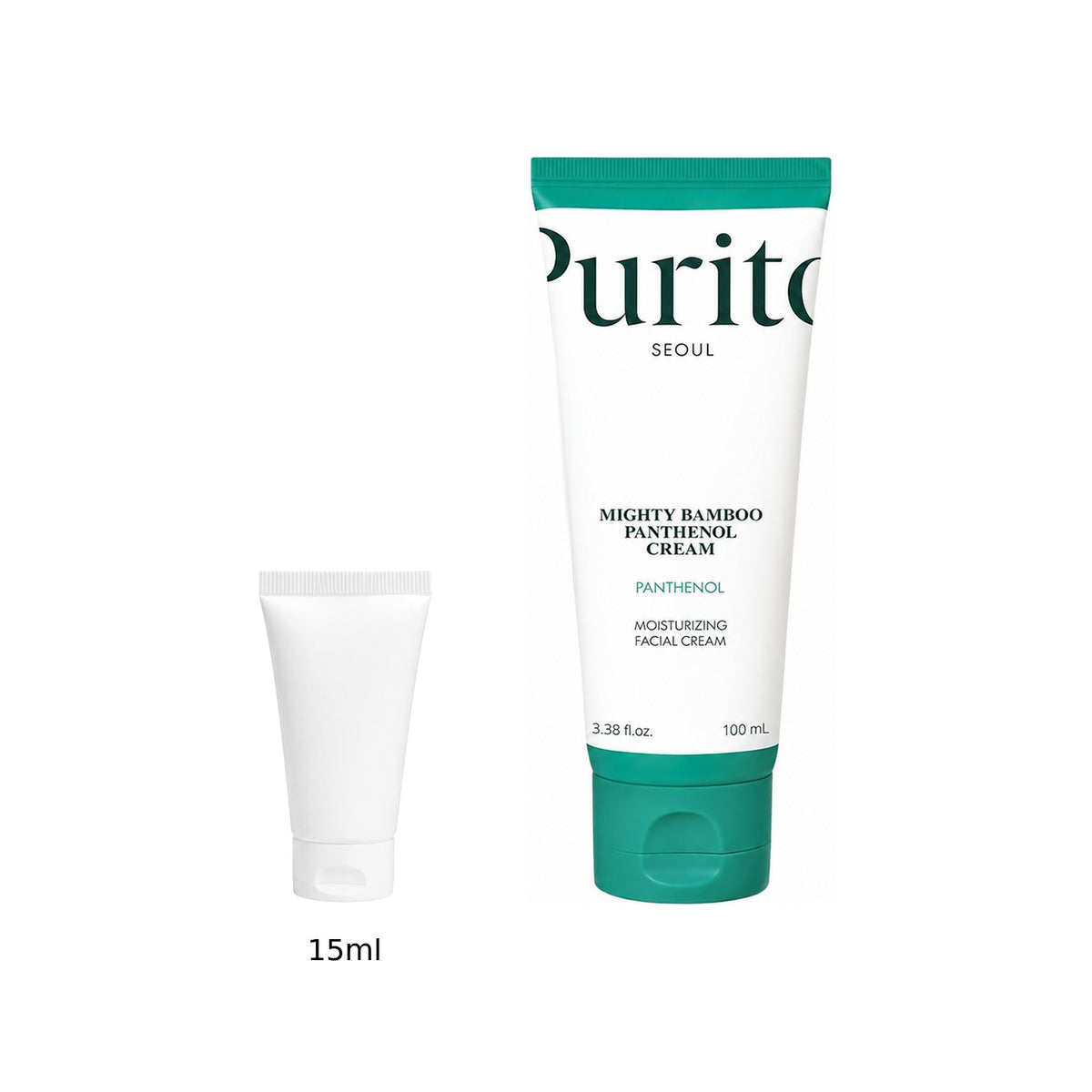 15ml sample tube next to the full-size Purito Seoul Mighty Bamboo Panthenol Cream 100ml tube