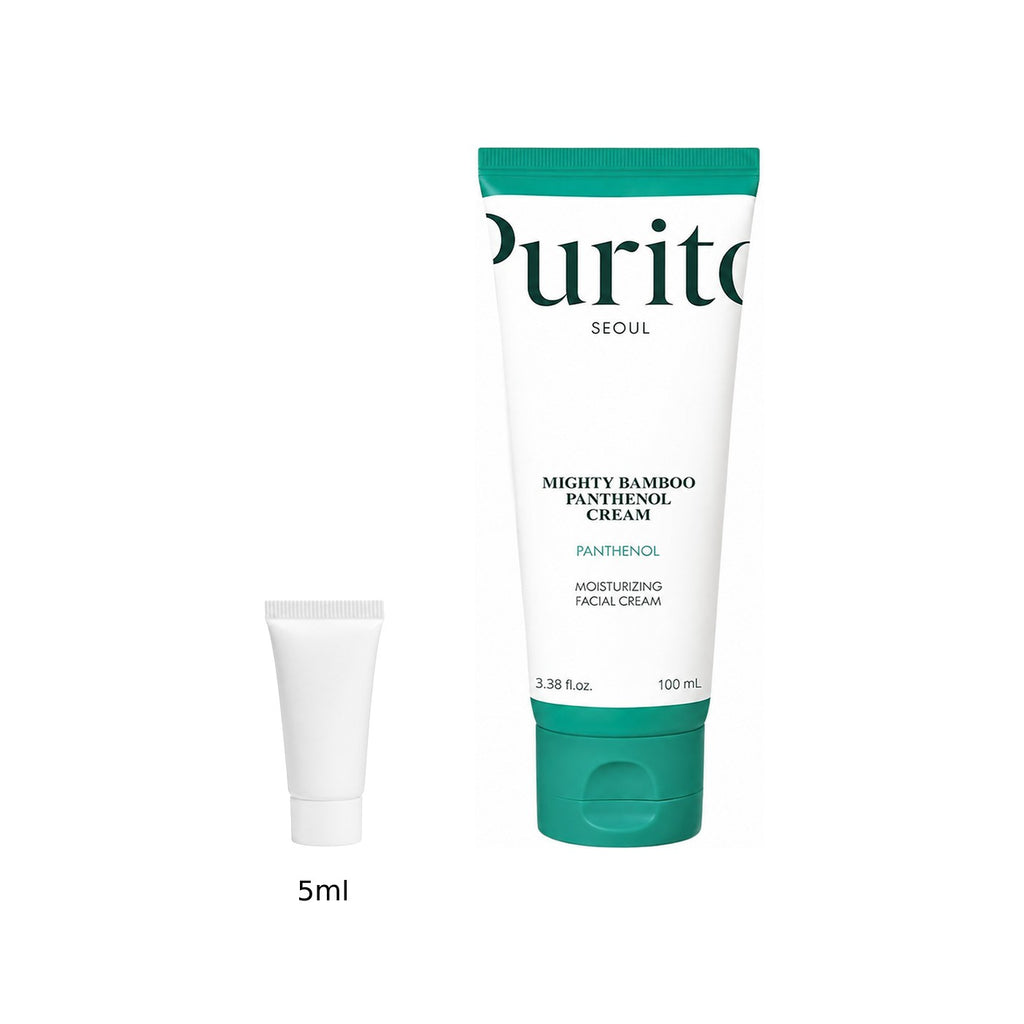 5ml sample tube next to the full-size Purito Seoul Mighty Bamboo Panthenol Cream 100ml tube