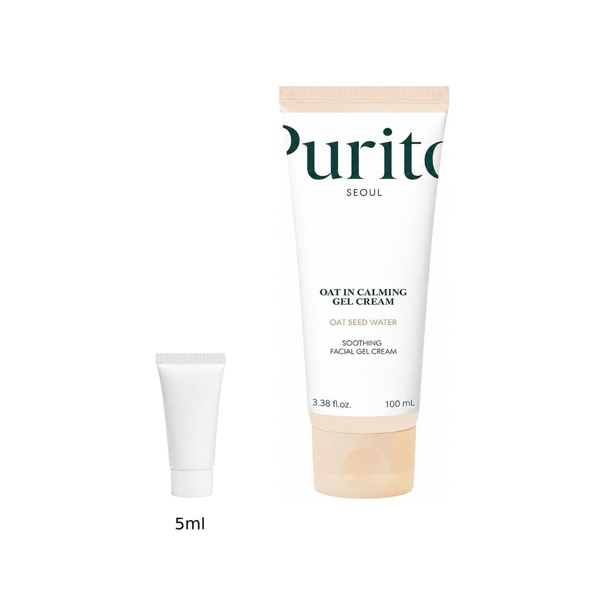 5ml sample tube next to the full-size Purito Seoul Oat-In Calming Gel Cream 100ml tube