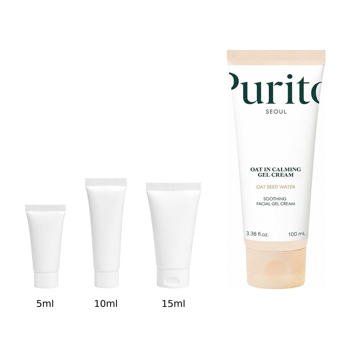 5ml, 10ml and 15ml sample tubes next to the full-size Purito Seoul Oat-In Calming Gel Cream 100ml tube