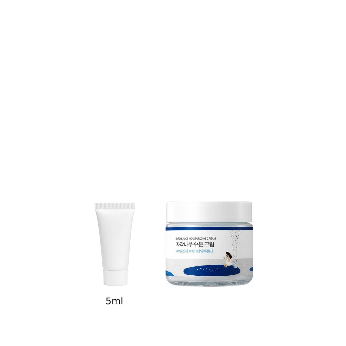 5ml sample tube next to the full-size Round Lab Birch Juice Moisturizing Cream 80ml jar