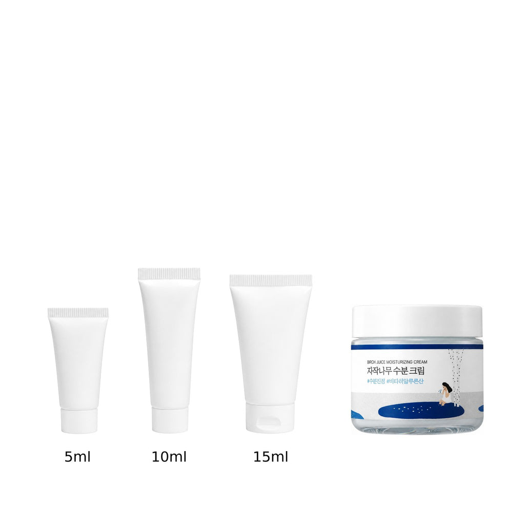 5ml, 10ml and 15ml sample tubes next to the full-size Round Lab Birch Juice Moisturizing Cream 80ml jar