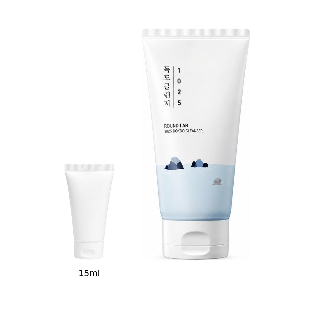 15ml sample tube next to the full-size Round Lab 1025 Dokdo Cleanser 150ml tube