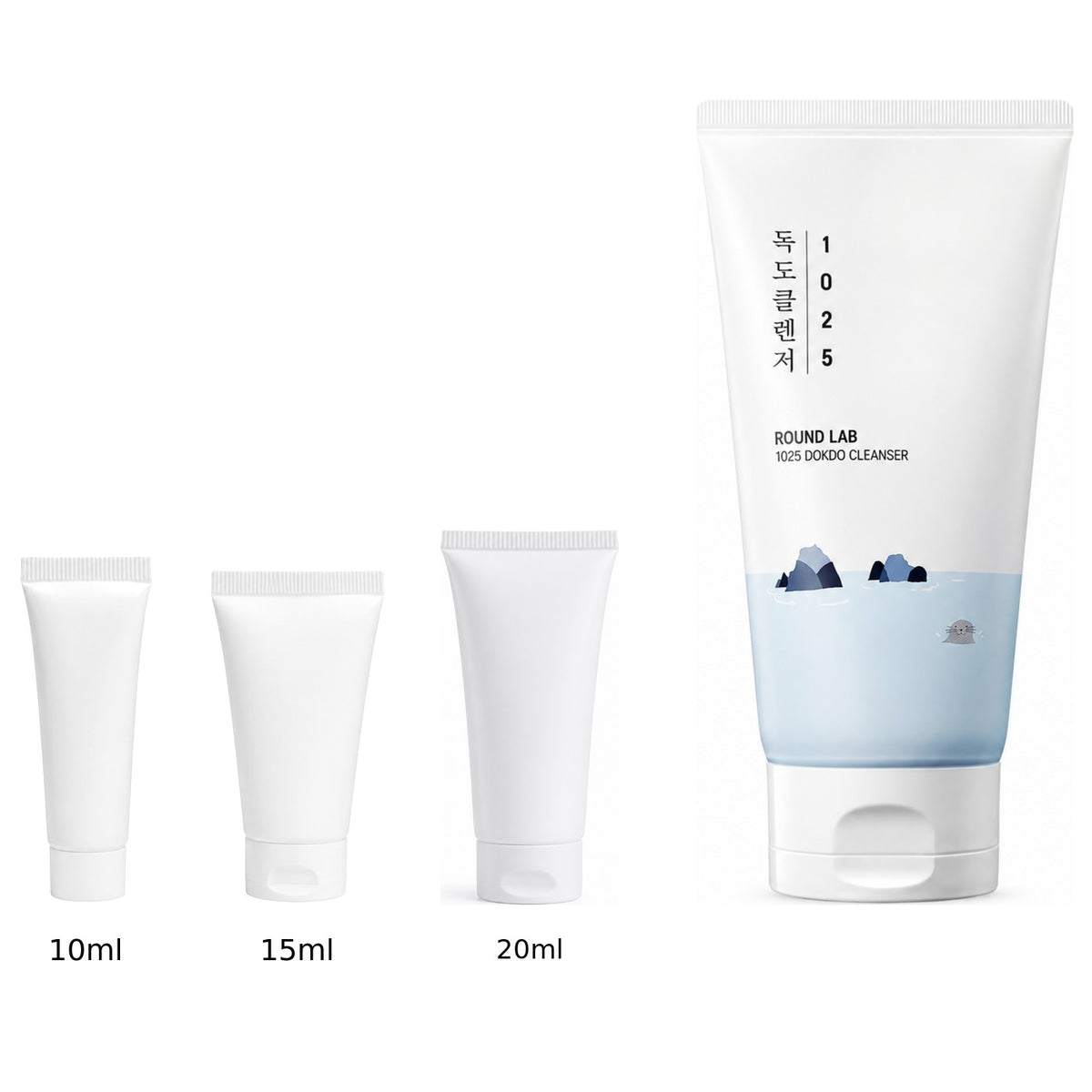 10ml, 15ml and 20ml sample tubes next to the full-size Round Lab 1025 Dokdo Cleanser 150ml tube