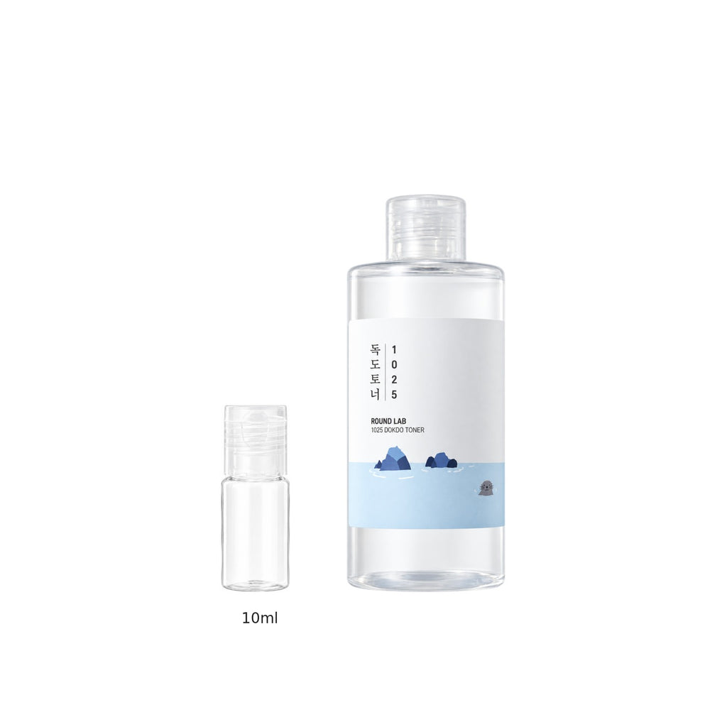 10ml sample bottle next to the full-size Round Lab 1025 Dokdo Toner 200ml bottle