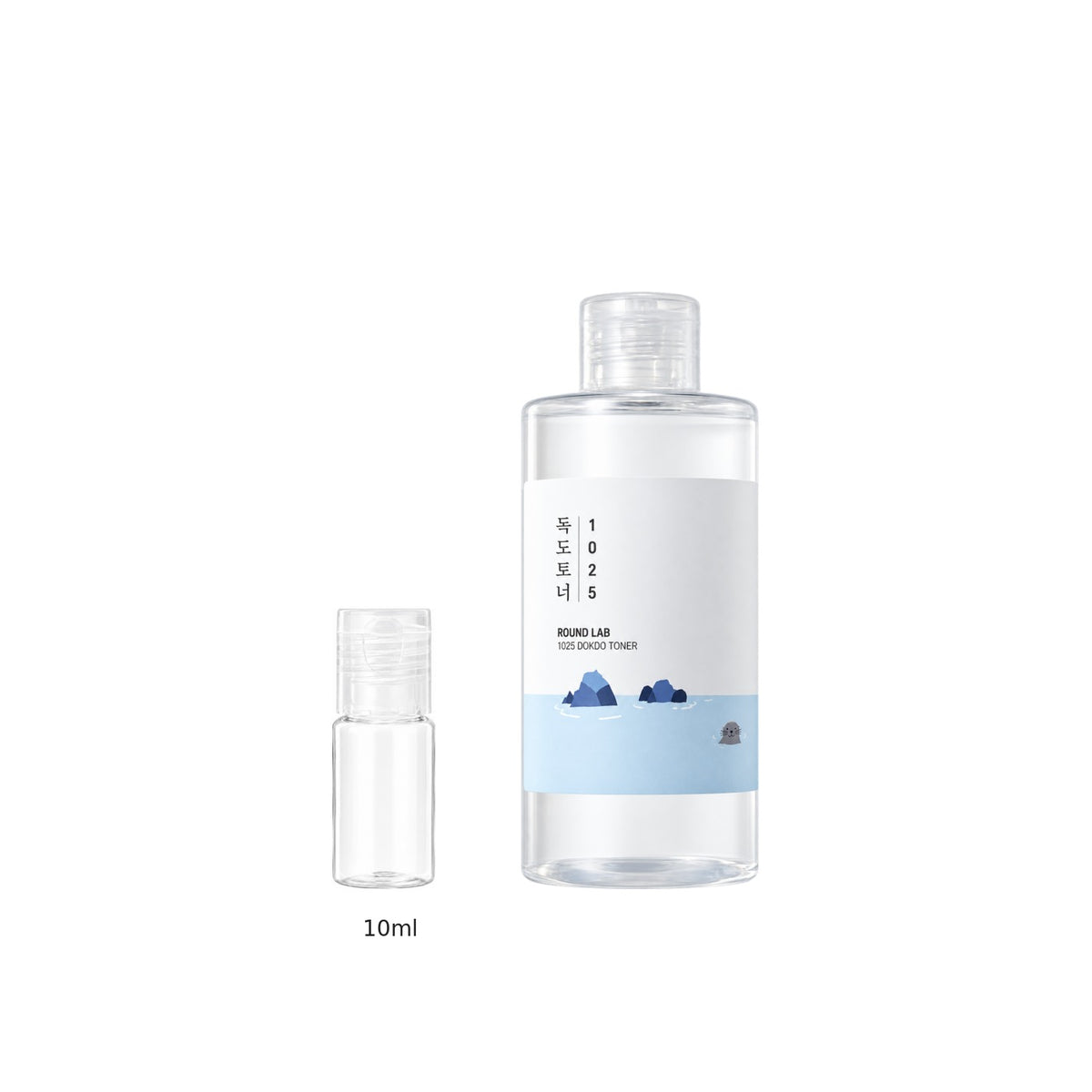 10ml sample bottle next to the full-size Round Lab 1025 Dokdo Toner 200ml bottle