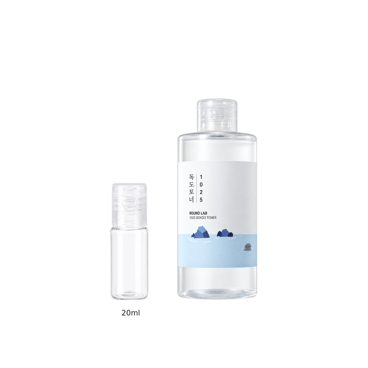 20ml sample bottle next to the full-size Round Lab 1025 Dokdo Toner 200ml bottle