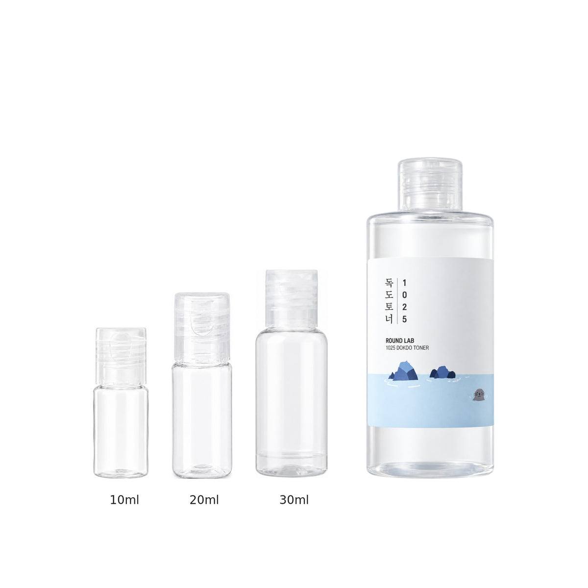 10ml, 20ml and 30ml sample bottles next to the full-size Round Lab 1025 Dokdo Toner 200ml bottle