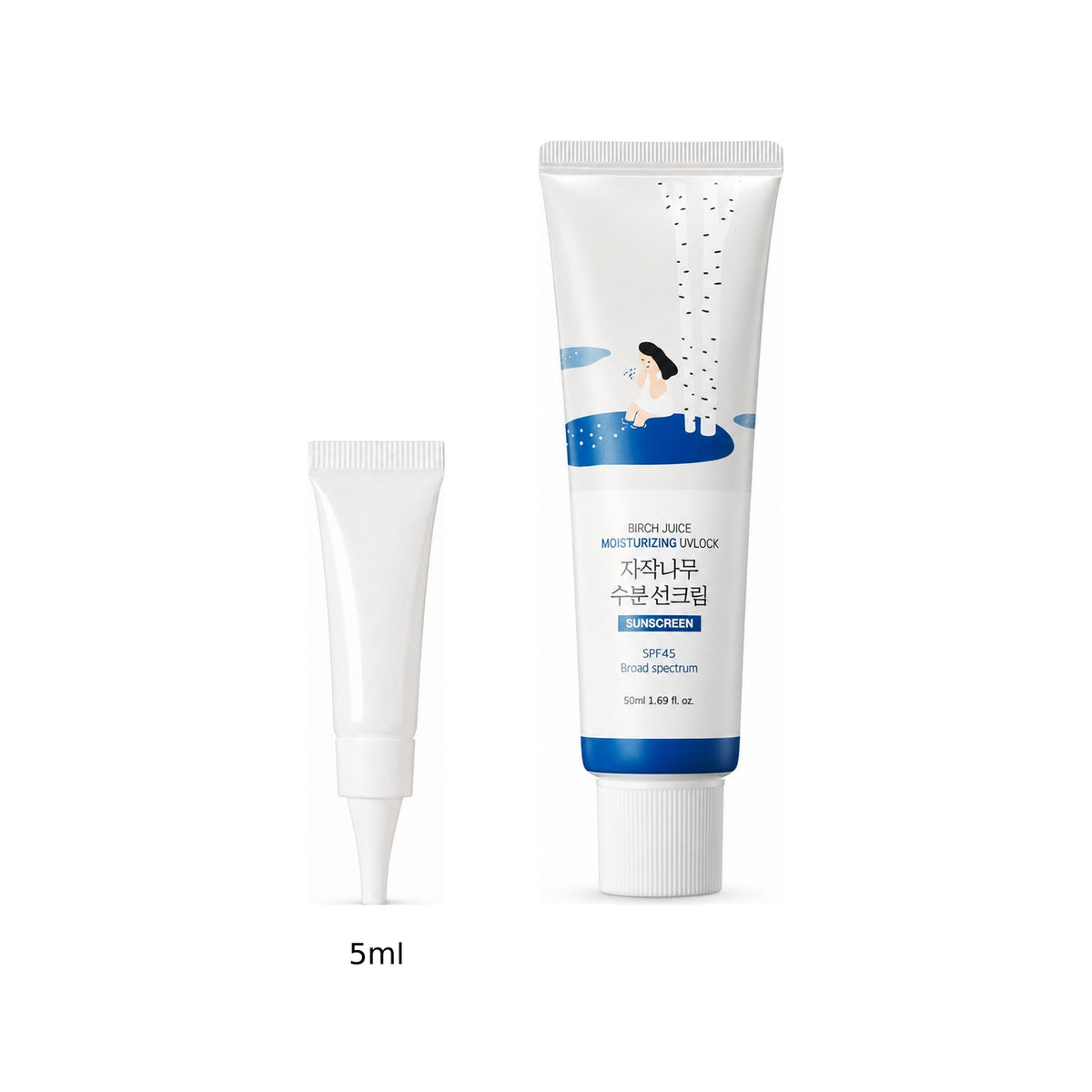 5ml sample tube next to the full-size Round Lab Birch Juice Moisturizing Sunscreen 50ml tube
