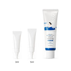 3ml and 5ml sample tubes next to the full-size Round Lab Birch Juice Moisturizing Sunscreen 50ml tube