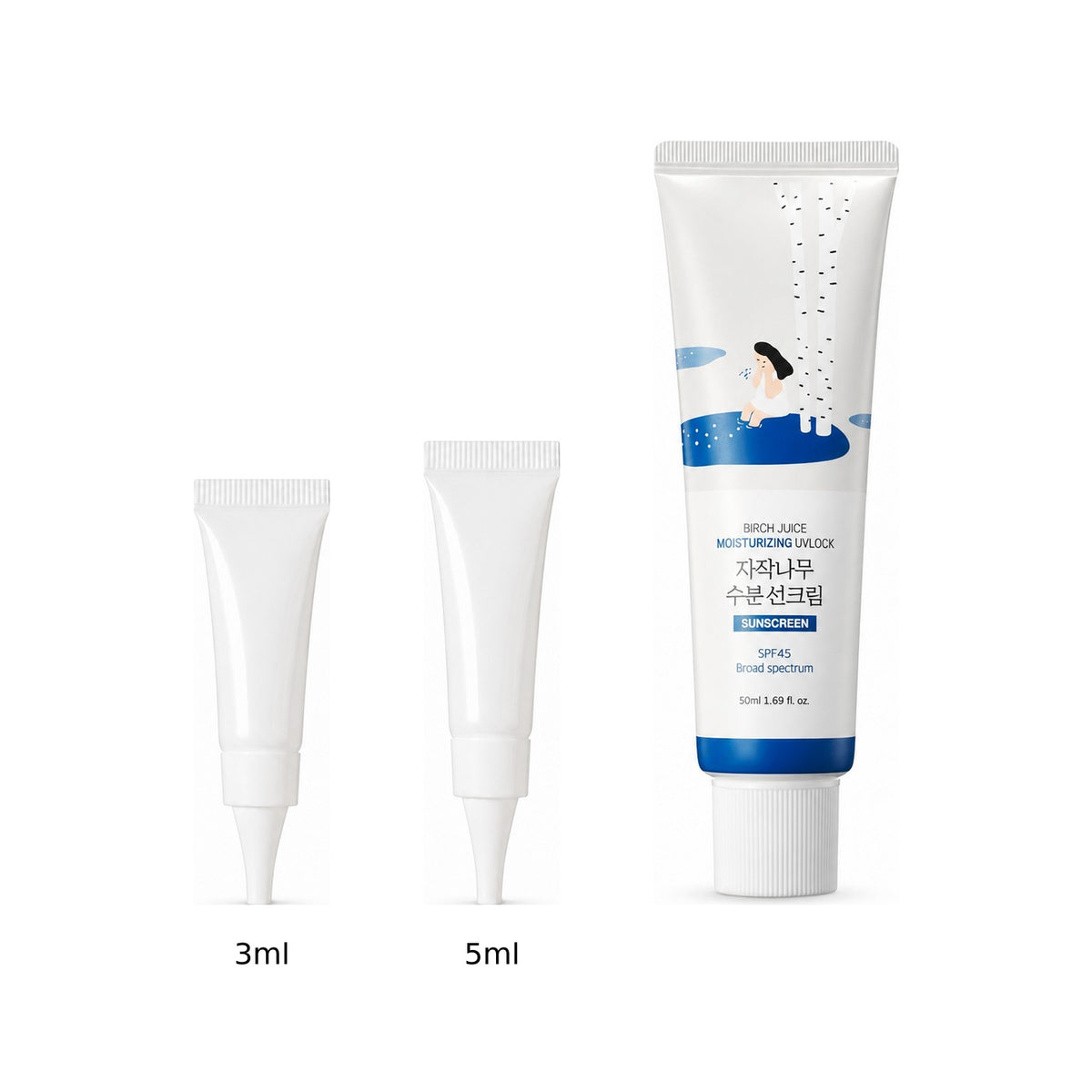 3ml and 5ml sample tubes next to the full-size Round Lab Birch Juice Moisturizing Sunscreen 50ml tube