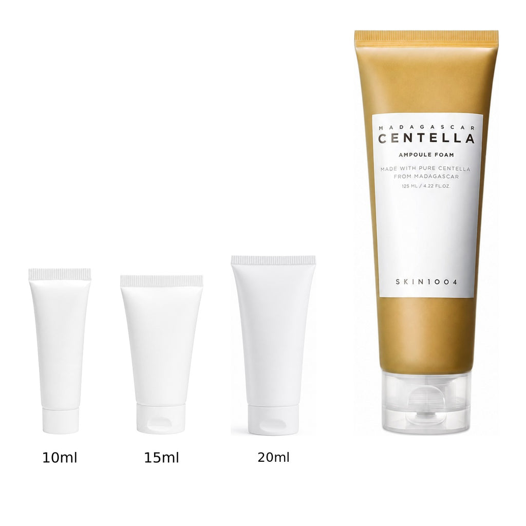 10ml, 15ml and 20ml sample tubes next to the full-size SKIN1004 Madagascar Centella Ampoule Foam 125ml bottle