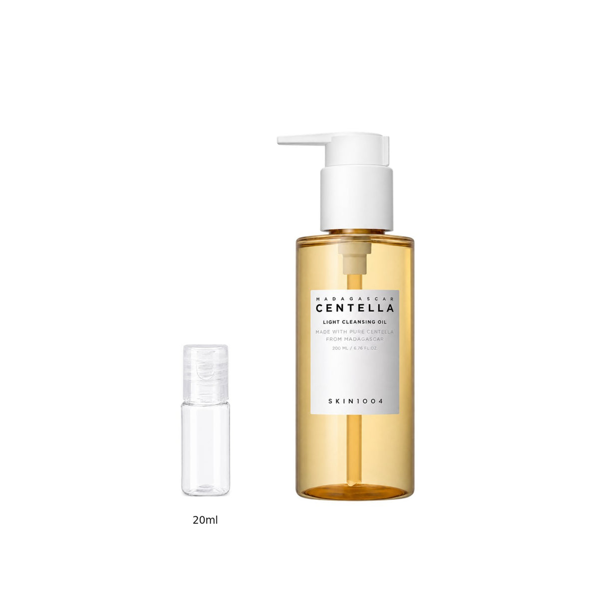 20ml sample bottle next to the full-size SKIN1004 Madagascar Centella Light Cleansing Oil 200ml bottle