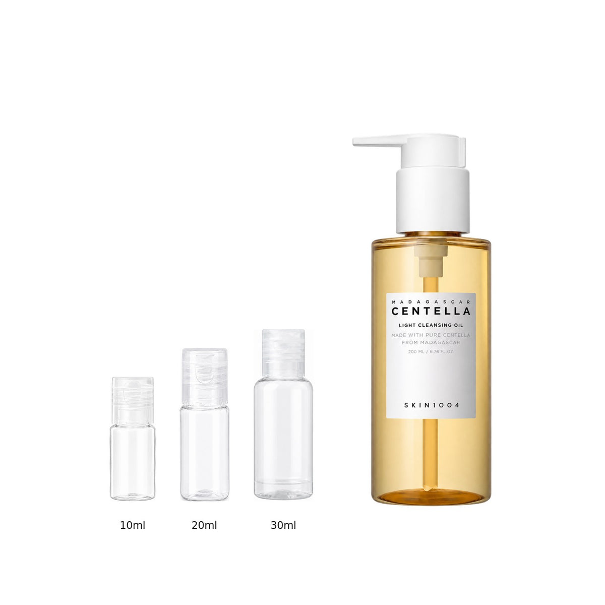 10ml, 20ml and 30ml sample bottles next to the full-size SKIN1004 Madagascar Centella Light Cleansing Oil 200ml bottle