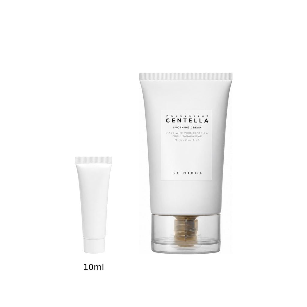 10ml sample tube next to the full-size SKIN1004 Madagascar Centella Soothing Cream 75ml tube