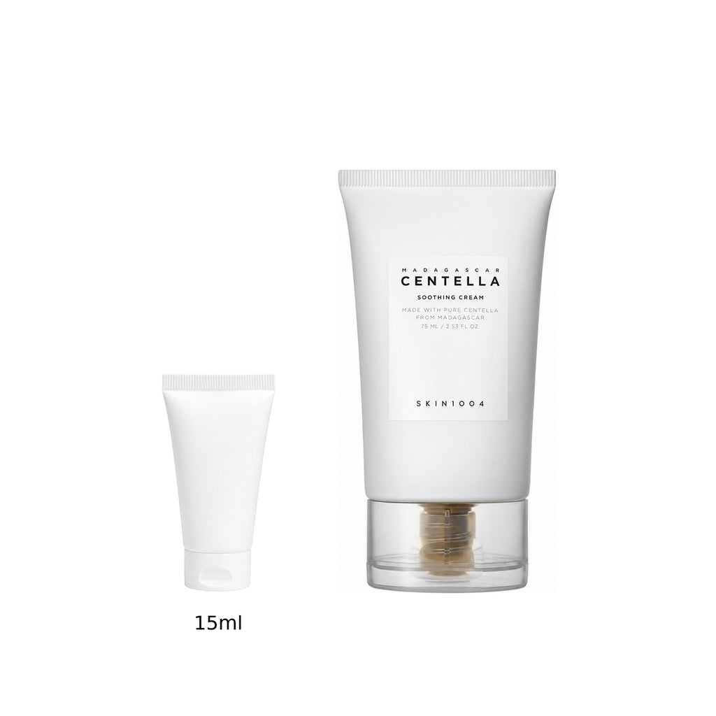 15ml sample tube next to the full-size SKIN1004 Madagascar Centella Soothing Cream 75ml tube