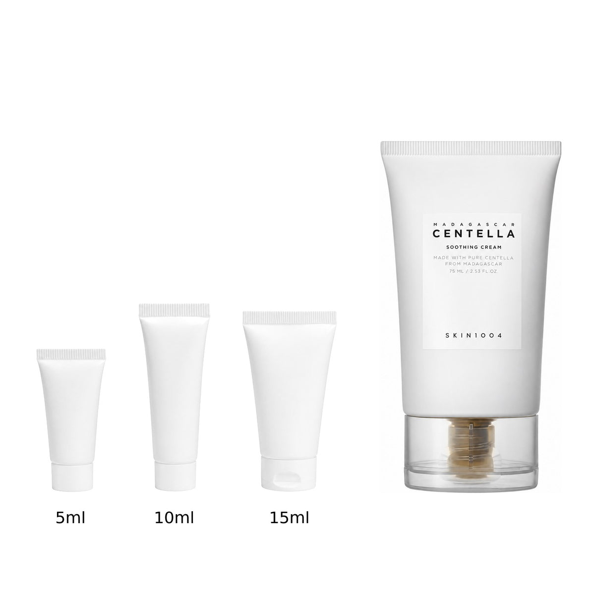 5ml, 10ml and 15ml sample tubes next to the full-size SKIN1004 Madagascar Centella Soothing Cream 75ml tube