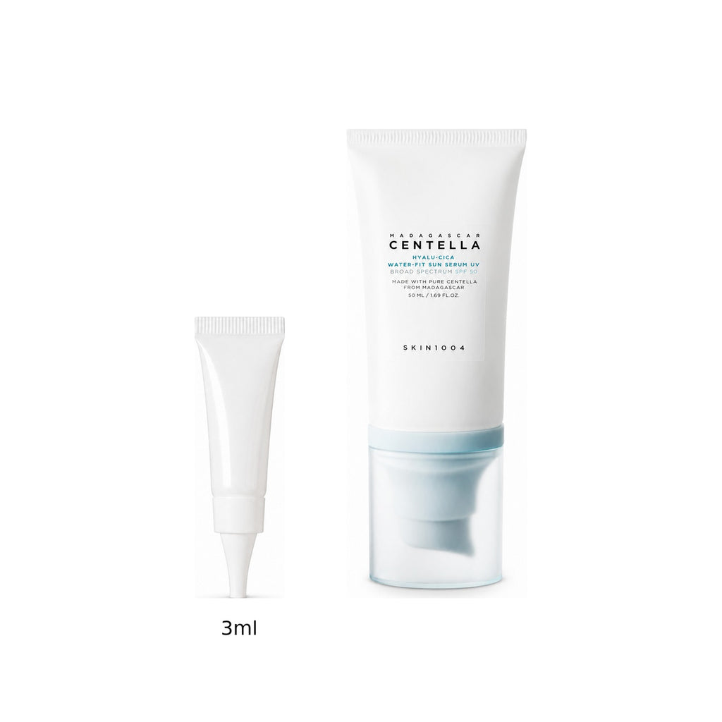 3ml sample tube next to the full-size SKIN1004 Madagascar Centella Hyalu-Cica Water-Fit Sun Serum 50ml tube
