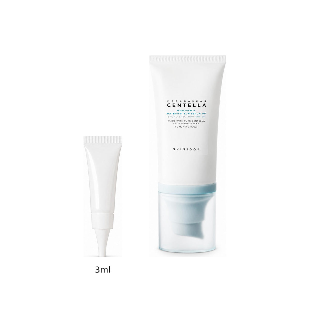 3ml sample tube next to the full-size SKIN1004 Madagascar Centella Hyalu-Cica Water-Fit Sun Serum 50ml tube