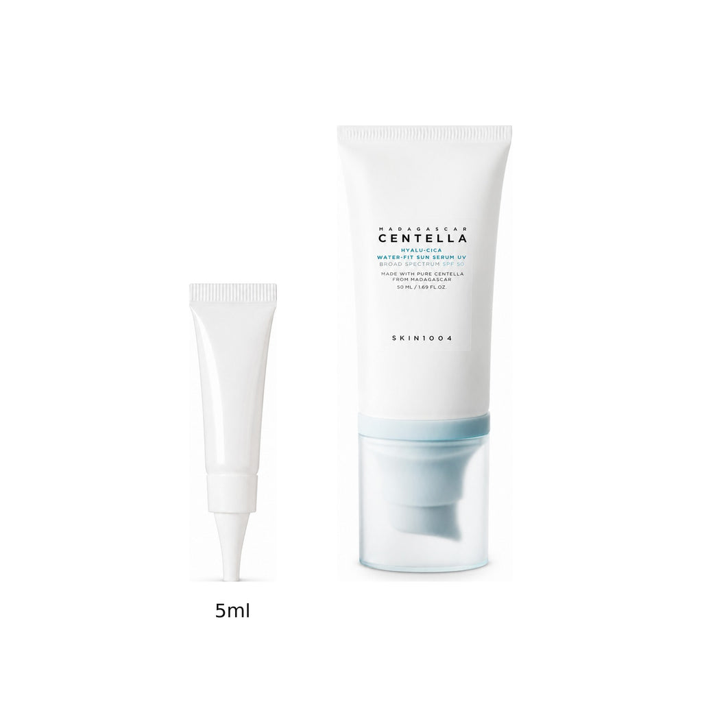 5ml sample tube next to the full-size SKIN1004 Madagascar Centella Hyalu-Cica Water-Fit Sun Serum 50ml tube