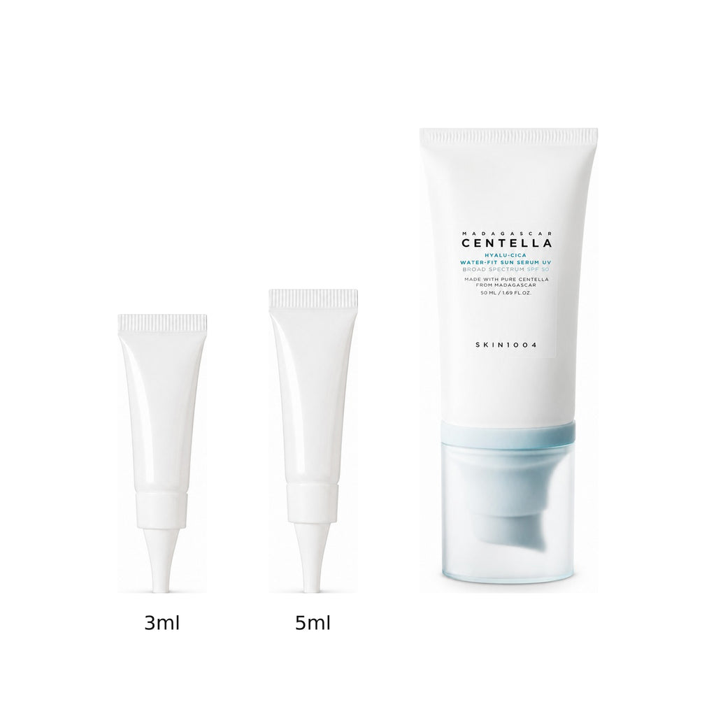 3ml and 5ml sample tubes next to the full-size SKIN1004 Madagascar Centella Hyalu-Cica Water-Fit Sun Serum 50ml tube