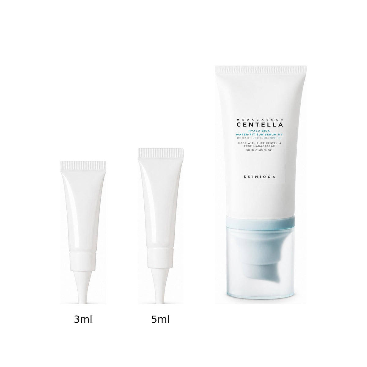3ml and 5ml sample tubes next to the full-size SKIN1004 Madagascar Centella Hyalu-Cica Water-Fit Sun Serum 50ml tube