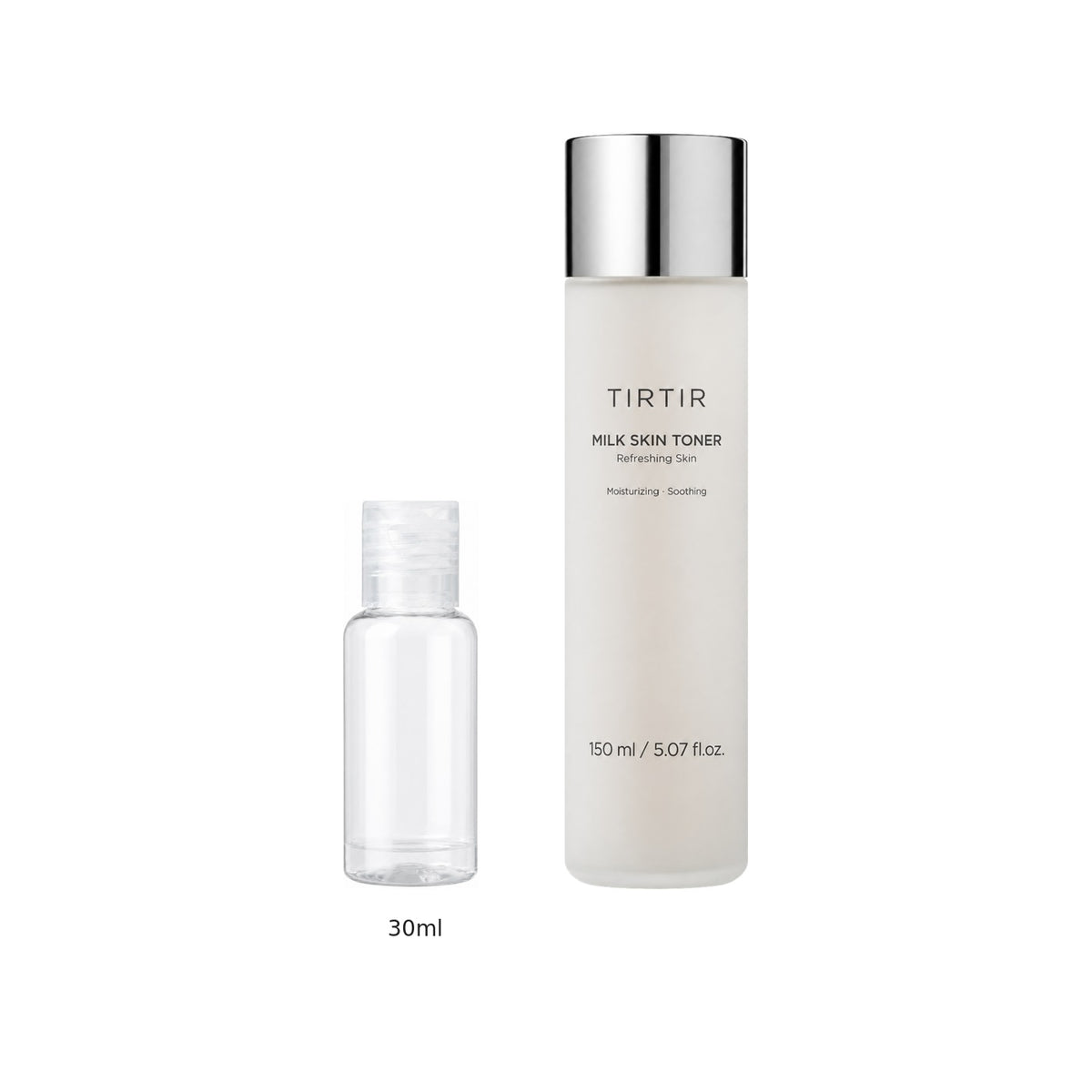 30ml sample bottle next to the full-size TIRTIR Milk Skin Toner 150ml bottle