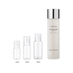 10ml, 20ml and 30ml sample bottles next to the full-size TIRTIR Milk Skin Toner 150ml bottle