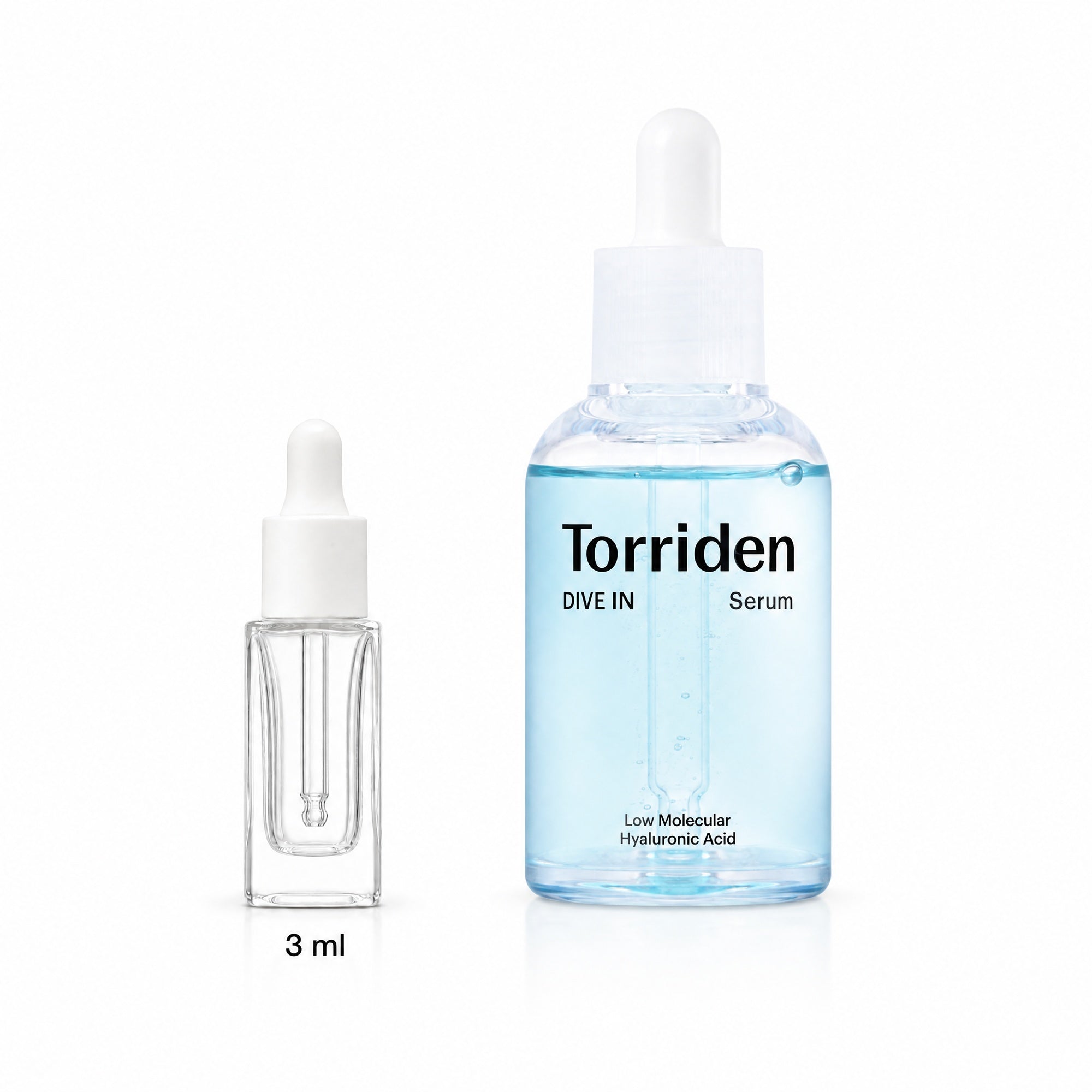 3ml sample dropper next to the full-size Torriden Dive-In Low Molecular Hyaluronic Acid Serum 50ml bottle