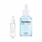 5ml sample dropper next to the full-size Torriden Dive-In Low Molecular Hyaluronic Acid Serum 50ml bottle