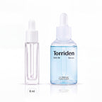 8ml sample dropper next to the full-size Torriden Dive-In Low Molecular Hyaluronic Acid Serum 50ml bottle
