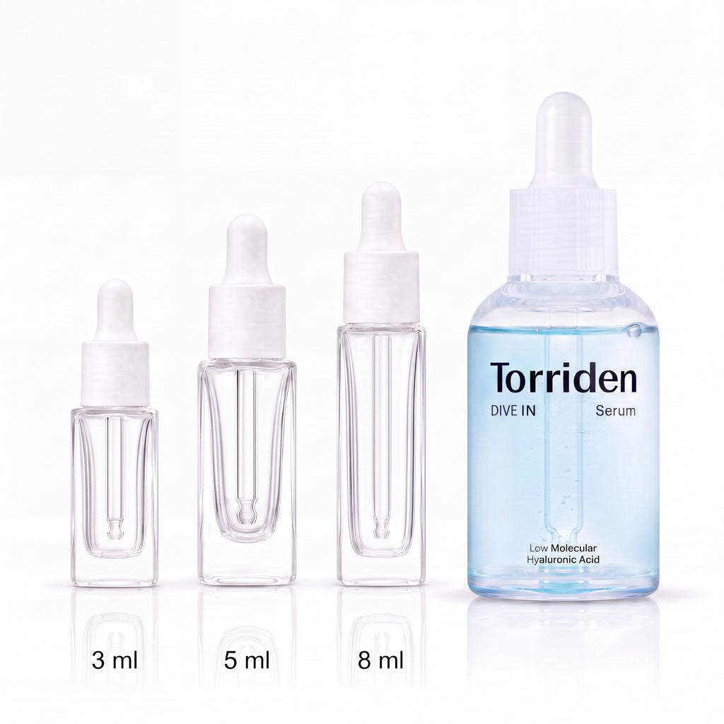 3ml, 5ml and 8ml sample droppers next to the full-size Torriden Dive-In Low Molecular Hyaluronic Acid Serum 50ml bottle