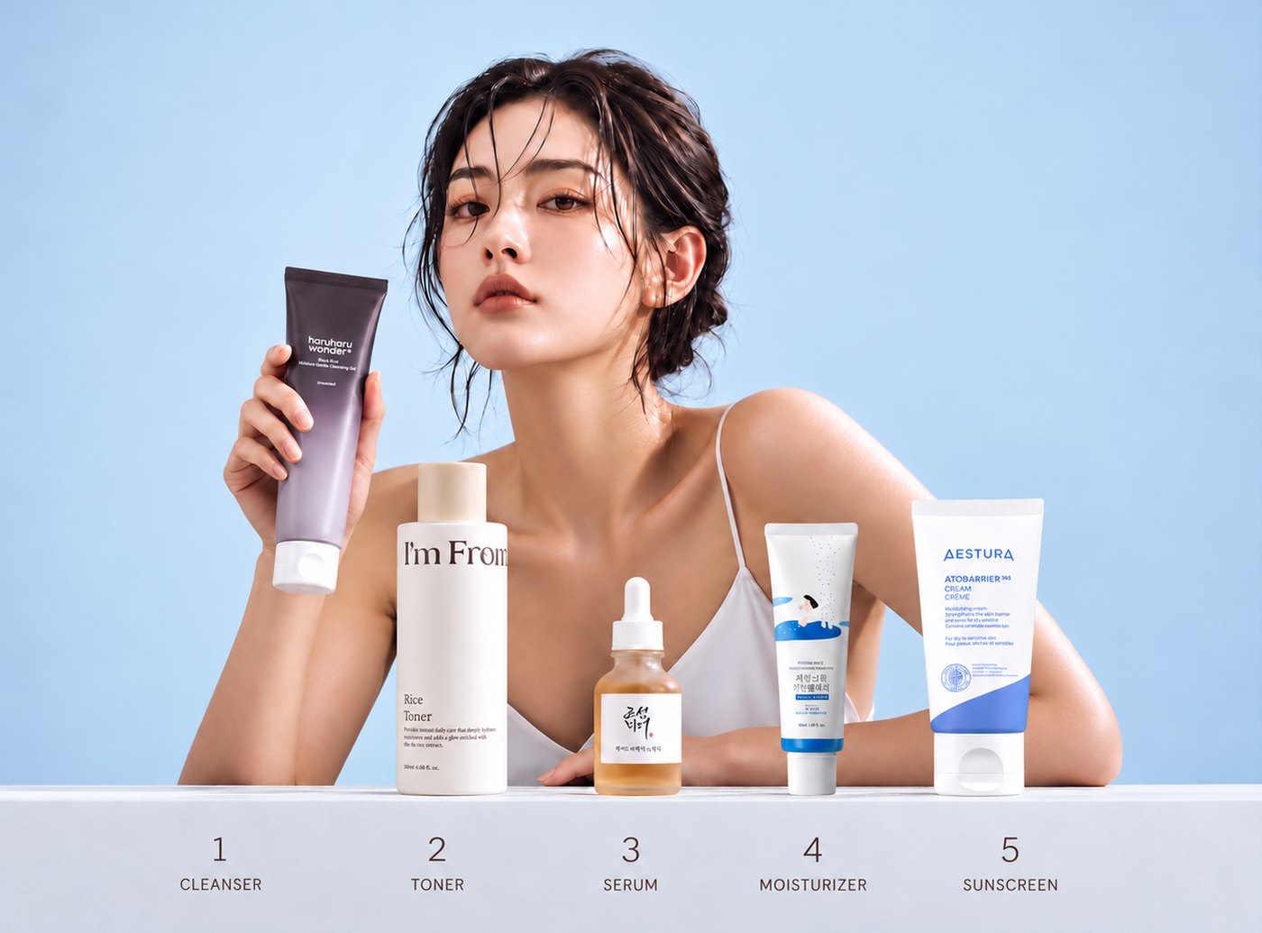 A 5-step Korean skincare routine: cleanser, toner, serum, moisturizer and sunscreen samples