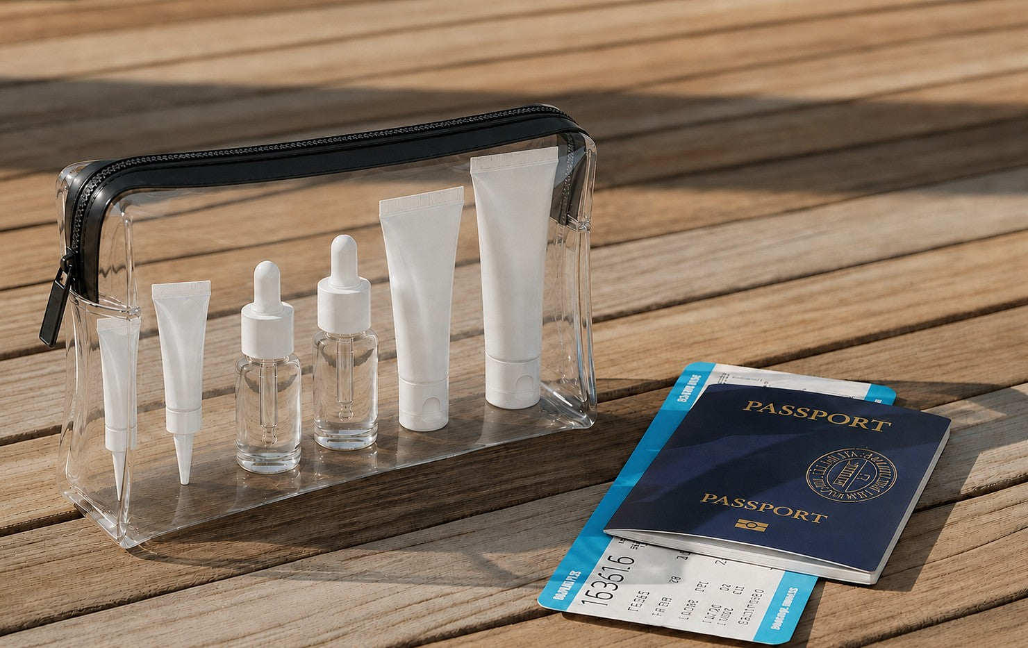 Travel-sized skincare samples in a clear quart bag with a passport and boarding pass
